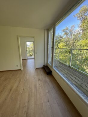 Heller Wohnbereich mit Blick ins Zimmer - Balkon-Wohnung mit Grünblick